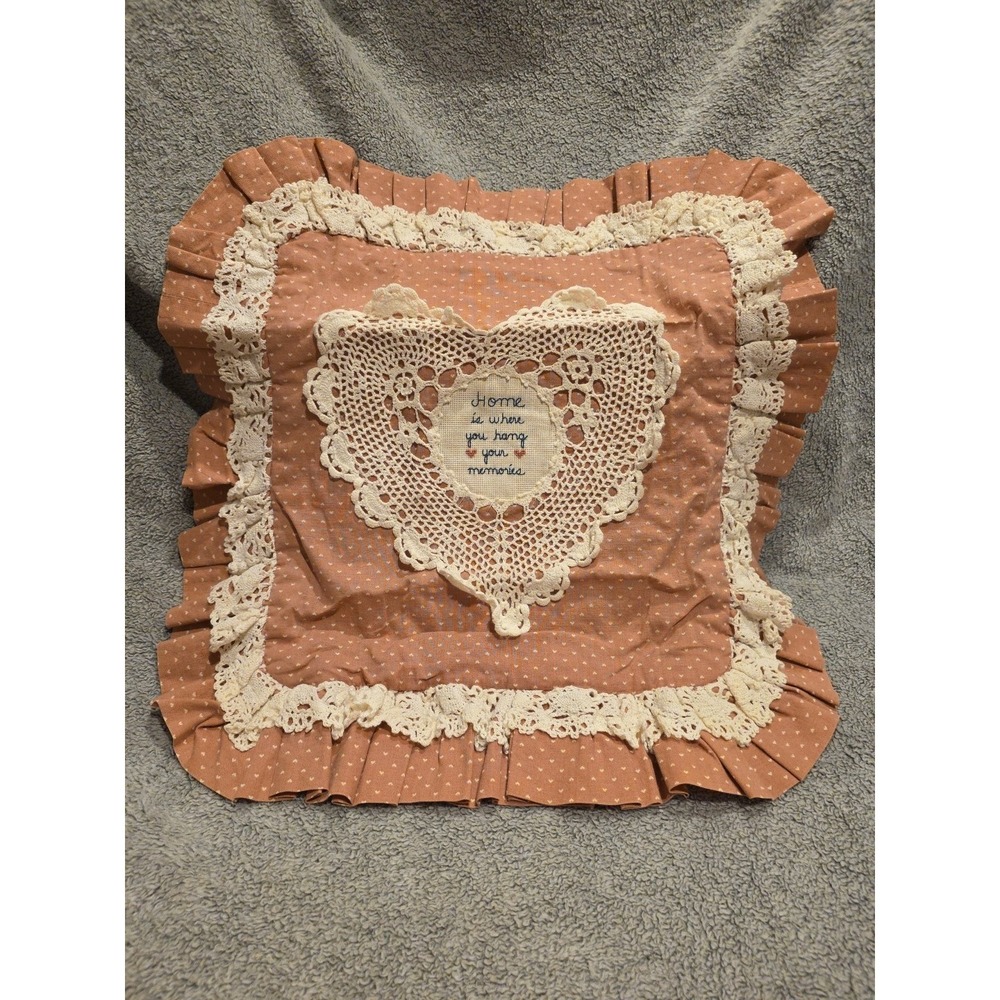 Square Pink Hearts Ruffled Pillow Case 16x16 Lace ‎ And Cross Stich Cottagecore